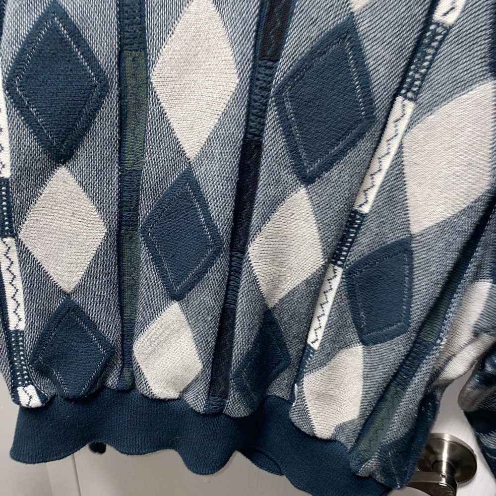 Vintage Portocruz‎ V-Neck Teal Grey Argyle Knit Sweater Art Medium - Picture 4 of 14